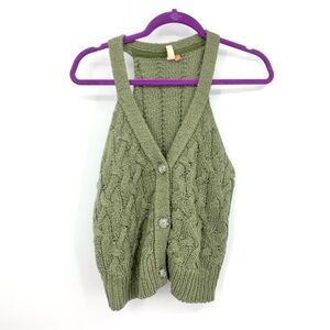 Pilcro Anthropologie Women Size Medium Sweater Vest Cardigan Green Cable Knit